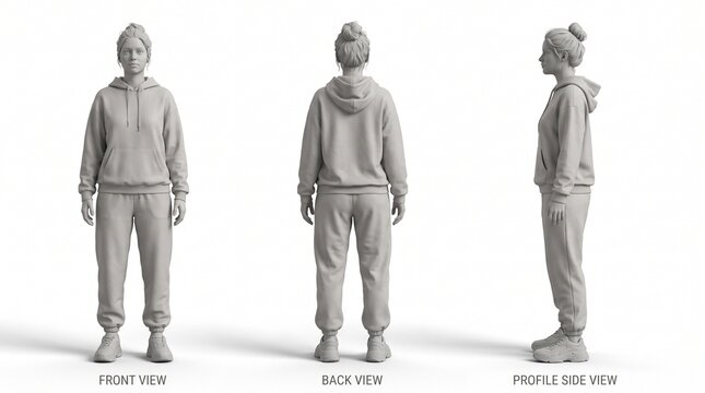 Full body female character model in hoodie and sweatpants multi-angle