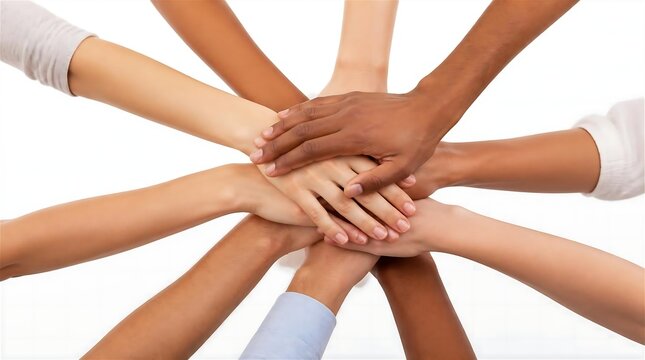 Diverse Multiracial Hands Stacked Together in Circle Teamwork Unity and Diversity Concept Top View