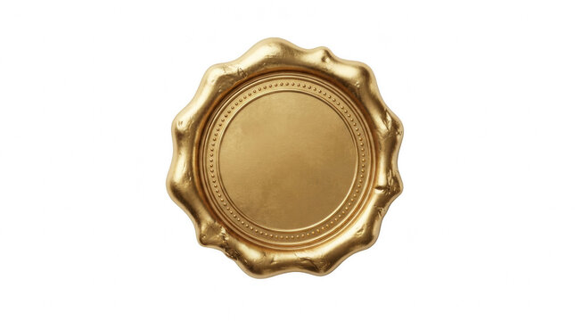 Golden wax seal with embossed circle detail during studio lighting isolated on transparent background