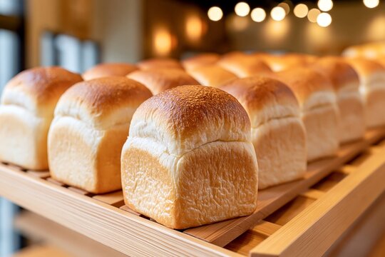 焼きたて黄金色食パンがパン屋の棚に美しく並ぶ美味しそうな光景