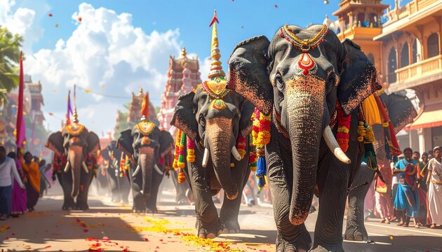 Karnataka Rajyotsava Elephant Procession with Decorated Animals in Traditional Indian Festival