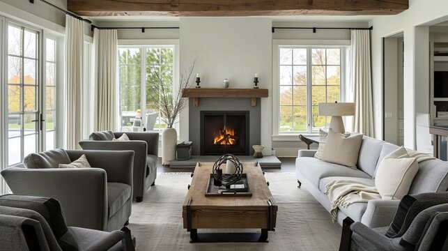 Cozy Modern Rustic Living Room Featuring a Central Fireplace and Expansive Windows