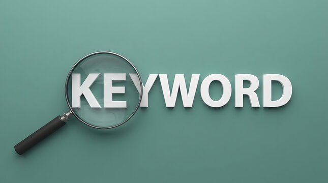 Magnifying glass positioned over the white 3 d letters spelling the word keyword on a solid sage green background