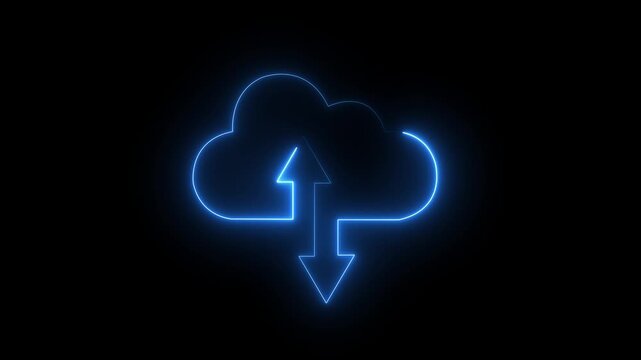 Neon cloud storage icon with upload and download arrows glowing in red animation on black background, digital technology for data transfer, cloud computing, backup, and online storage concept