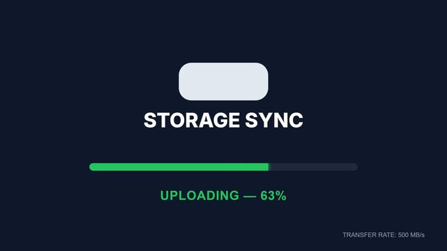 Upload progress animation, colorful progress bar filling up, storage sync loading screen with percentage increasing from 0 to 100, symbolizing data transfer and cloud storage synchronization