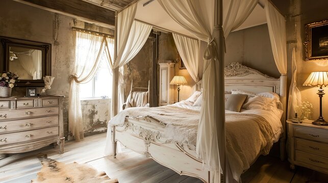 Cozy Rustic Four-Poster Bedroom with Canopy Drapes and Warm Evening Lighting