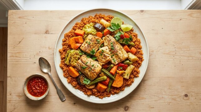 A plate of food with vegetables and fish on a wooden table.