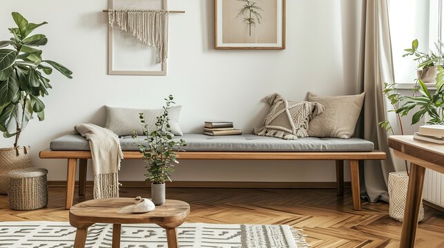 Cozy Scandinavian Living Room Scene with Light Wood Furniture and Lush Greenery
