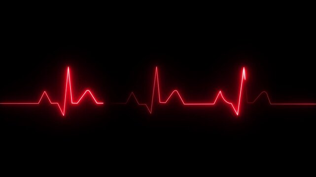 ECG monitor beating heart with a neon electrocardiogram overlay, featuring dynamic HUD elements and a gradient background.Abstract neon heartbeat signal icon animation background on black back ground
