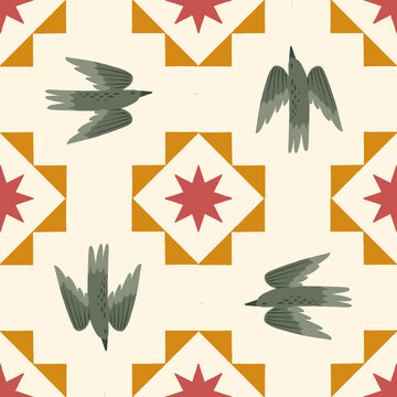 Seamless pattern with folk art birds, geometric stars, and retro boho motifs
