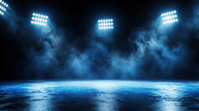Empty stadium floor lit by bright blue spotlights cutting through thick fog. Dark background with illuminated stage and wet reflective surface creates dramatic moody atmosphere for event.