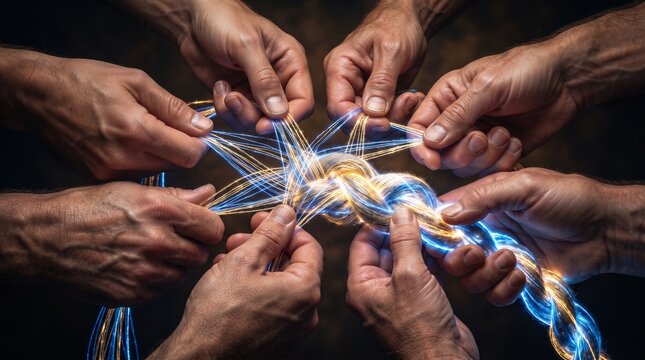Multiple Hands Weaving Glowing Threads into a Strong Rope