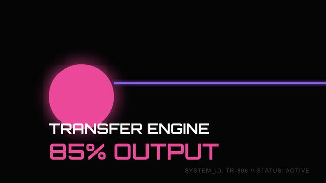 Transfer engine, increasing output levels, neon-lit interface with glowing pink circle and purple line, seamless loop, symbolizing technological progress and efficiency