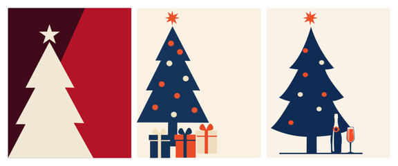 Obraz premium Christmas tree poster set vector featuring minimalist pine tree illustration, gift box and champagne glass for holiday card, flyer and background uses