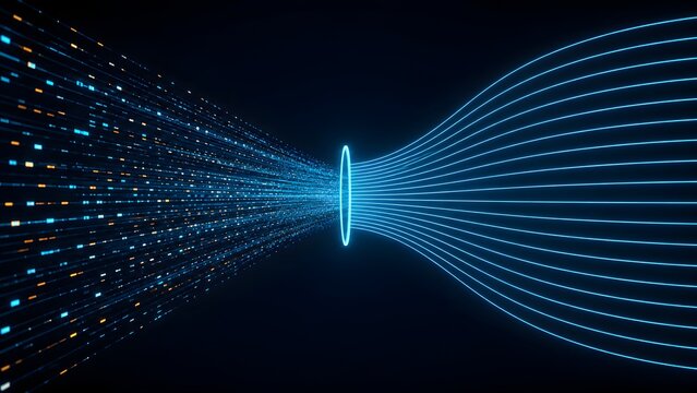 Digital data stream passing through a glowing blue portal ring transforming complex information bits into smooth continuous lines for fast network processing.