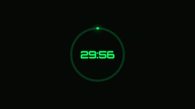 Modern neon green countdown timer displaying a 30-minute duration on a dark background, featuring a clean circular interface for technology and productivity concepts.