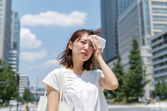猛暑の都市で汗を拭う若い女性が夏の熱中症に困っている様子