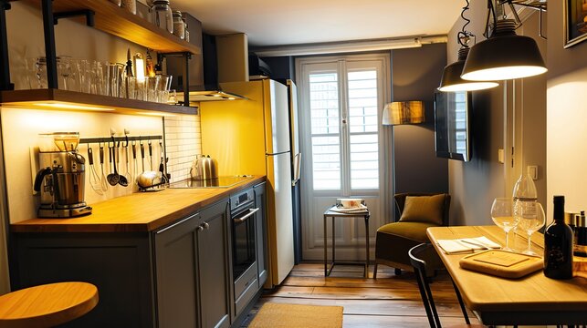Cozy Warm Kitchen and Dining Area with Rustic Wood Accents and Soft Pendant Lighting Throughout
