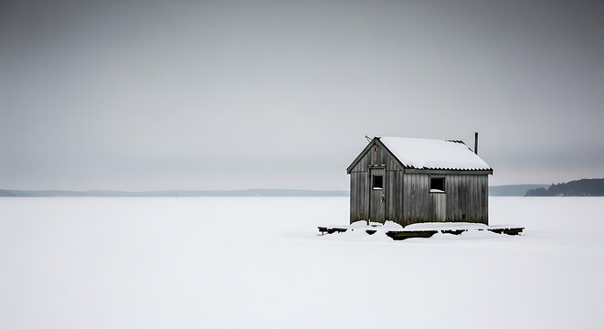 frozen lake winter with abandoned fishing hut and solitude