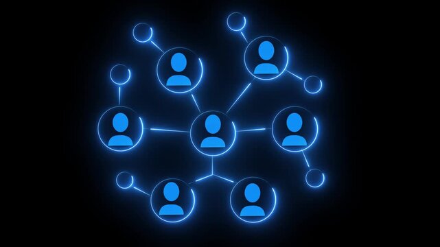 Blue animated social network icon. Network of connected people with peripheral circle nodes, ideal for illustrating social networks, teamwork, connectivity, relationships, communication, technology.