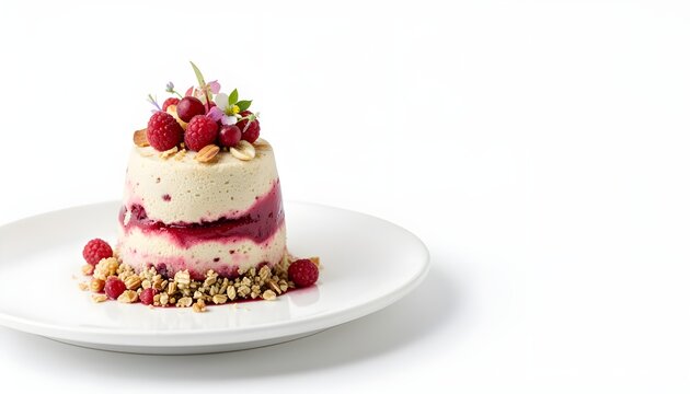Monk fruit gourmet raspberry almond mousse premium commercial food photography