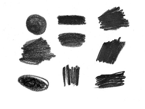 Black pencil sketched circles and hatching vector set, hand drawn charcoal texture collection.