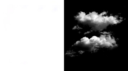 Fototapeta premium Realistic white clouds isolated on black background, fluffy cumulus cloud cutouts for compositing, atmospheric weather elements for design