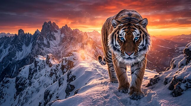 Powerful Siberian tiger with blue eyes walking across snowy mountain ridge with dramatic orange sunset sky