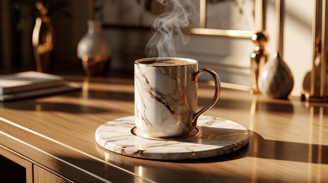 Marble mug with gold handle sits on matching coaster. Steaming coffee sits on polished wood desk with warm light and soft shadows. Elegant home office decor.