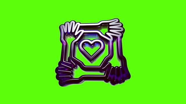 Metallic heart icon held by multiple human hands representing unity support and community care symbol
