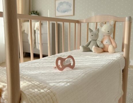A pink baby pacifier rests on a white sheet inside a nursery crib. Soft morning sun illuminates the newborn bedroom decor, creating a calm lifestyle mood and peaceful atmosphere for a toddler's nap, c