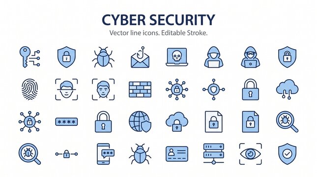 Set of cyber security and data protection icons on a white background with line icons representing blue white
