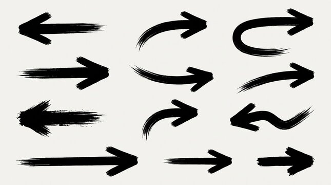 Set of hand drawn ink brush arrows in various shapes with arranged light background styles arranged black ink