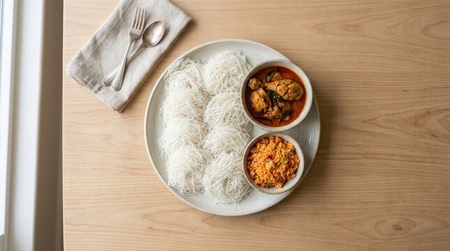 A plate of food on a wooden table with a white napkin and utensils.
