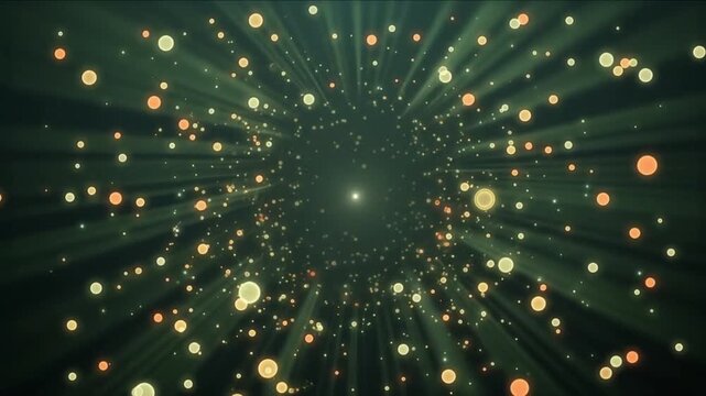 暗闇のグリーン空間を浮遊し移動する発光粒子と量子ドットの抽象背景