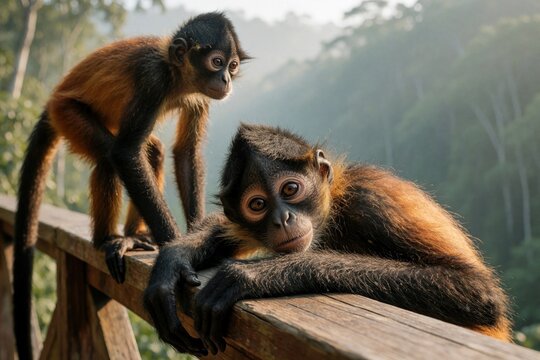 Two young spider monkeys rest on a wooden railing in lush jungle foliage. One monkey looks intently towards the viewer while the other gazes into the distance.
