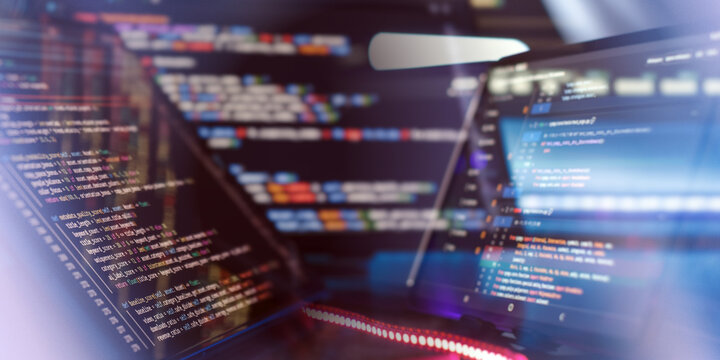 Monitor closeup of function source code. Abstract IT technology background. Software source code.