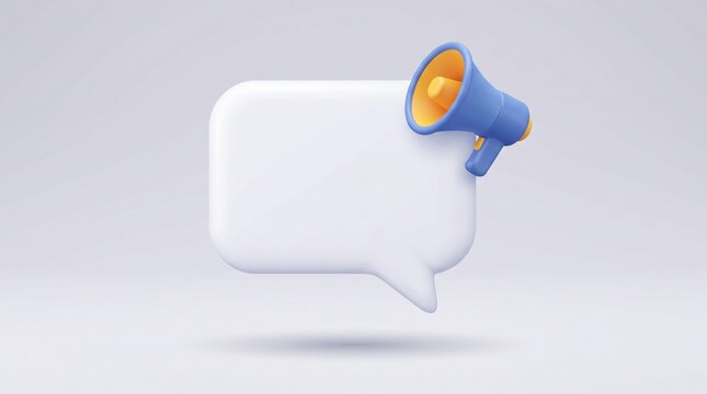 Megaphone attached to a blank white speech bubble against a light gray background with top rectangular speech