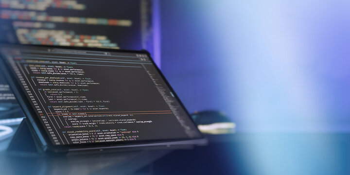 programming code and data analysis algorithms on a modern computer screen, dark mode technology background with ample copy space