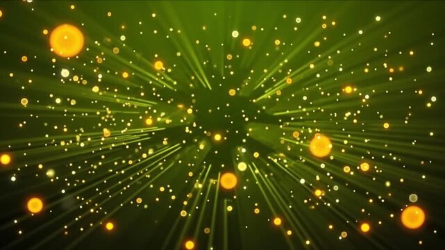 暗闇のグリーン空間を浮遊し移動する発光粒子と量子ドットの抽象背景
