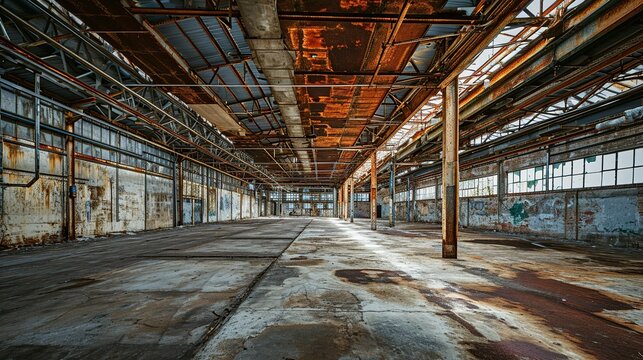 Desolate Abandoned Industrial Warehouse with Rusted Overhead Pipes and Faded Walls