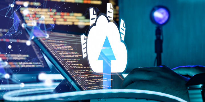 Data storage and digital transformation with cloud server symbol and developer hands