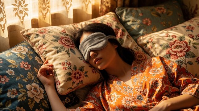 Young woman slepic with eye mask on floral pillows in soft morning light. Peaceful nap indoors, resting comfortably in bed. Serene mood, cozy atmosphere, quiet bedroom scene, sleep aids.