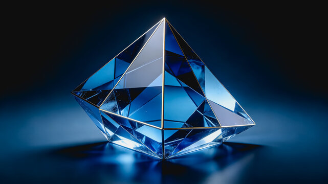 A 3D rendered polygonal blue crystal gem with golden edges, resting on a dark reflective smooth surface, showcasing sharp facets and glossy transparency.