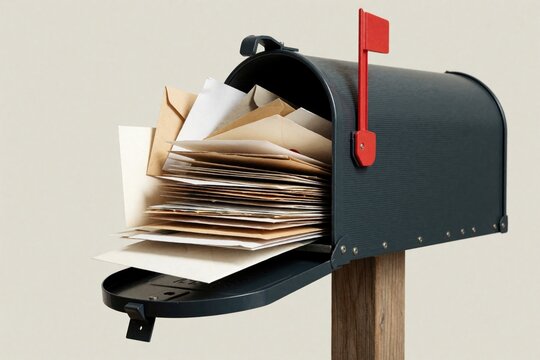 Overflowing mailbox stuffed with letters and envelopes waits for collection. Postal container full of correspondence sits on wooden post, mail delivery needed urgently.