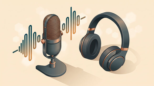Professional podcasting and digital audio recording concept featuring isometric microphone and headphones with sound wave illustration