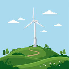 Obraz premium Scenic Windmill on Green Hillside with Renewable Energy Concept Vector