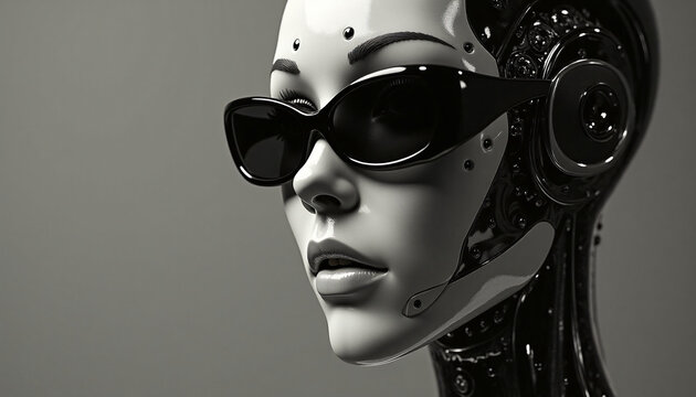 Futuristic female cyborg humanoid with black sunglasses and glossy robotic helmet on grey background with copy space