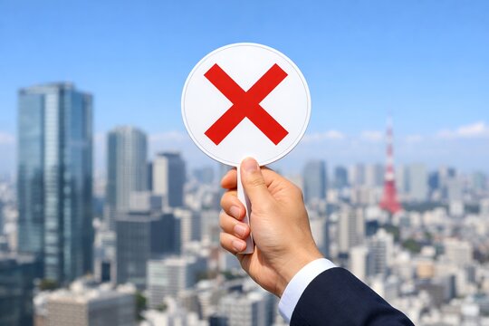 ビジネスマンの手が赤色の「&times;」プラカードで問題にNOを示す都会