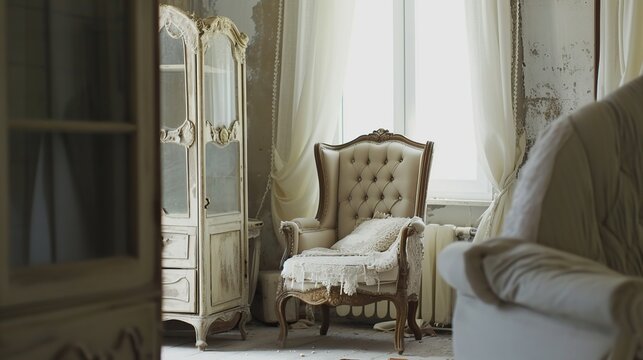 Elegant Antique Cream Colored Living Room Featuring Tufted Upholstered Chairs and Ornate Cabinetry